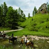Pięć osób na koniach, które przechodzą przez strumień w Rezerwacie Białej Wody. Wokół sporo zieleni i skały.